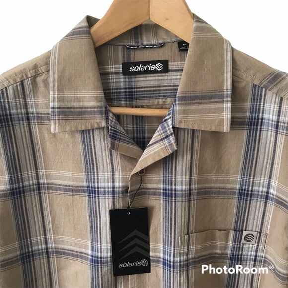 Solaris Mens Short Sleeve Button Up Plaid Camp Shirt L Khaki Blue Outdoors $45 - Picture 3 of 5